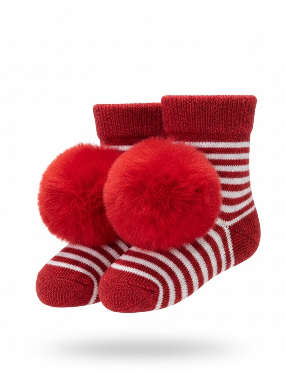Red Striped Pom-Pom Baby Socks - Cozy Holiday Style